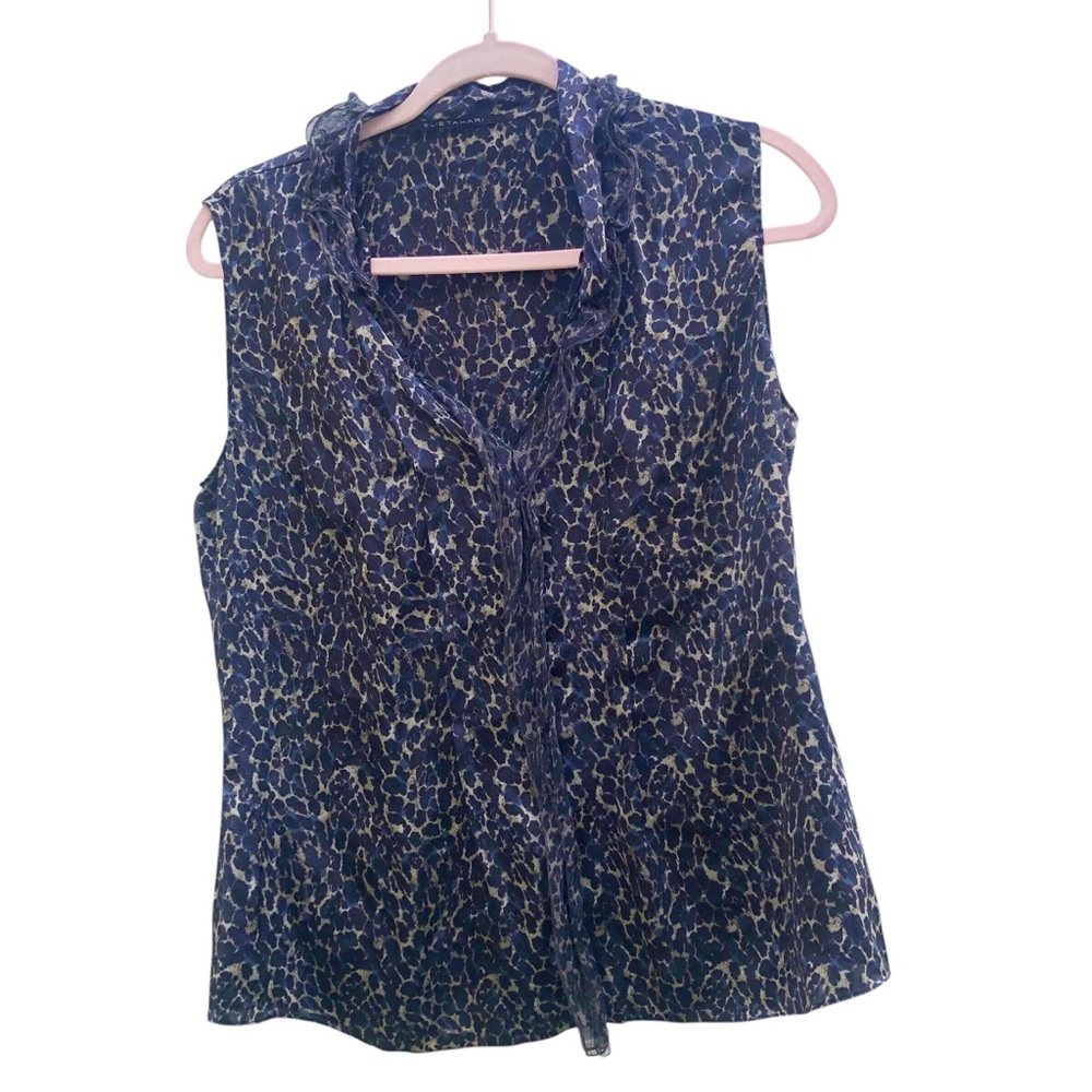 Elie Tahari silk black & beige animal print ruffle  V-Neck Sleeveless top